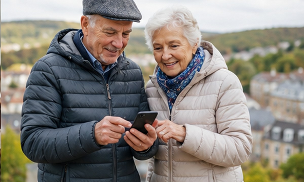 Cuplu de seniori în aer liber verificând o informație pe telefon